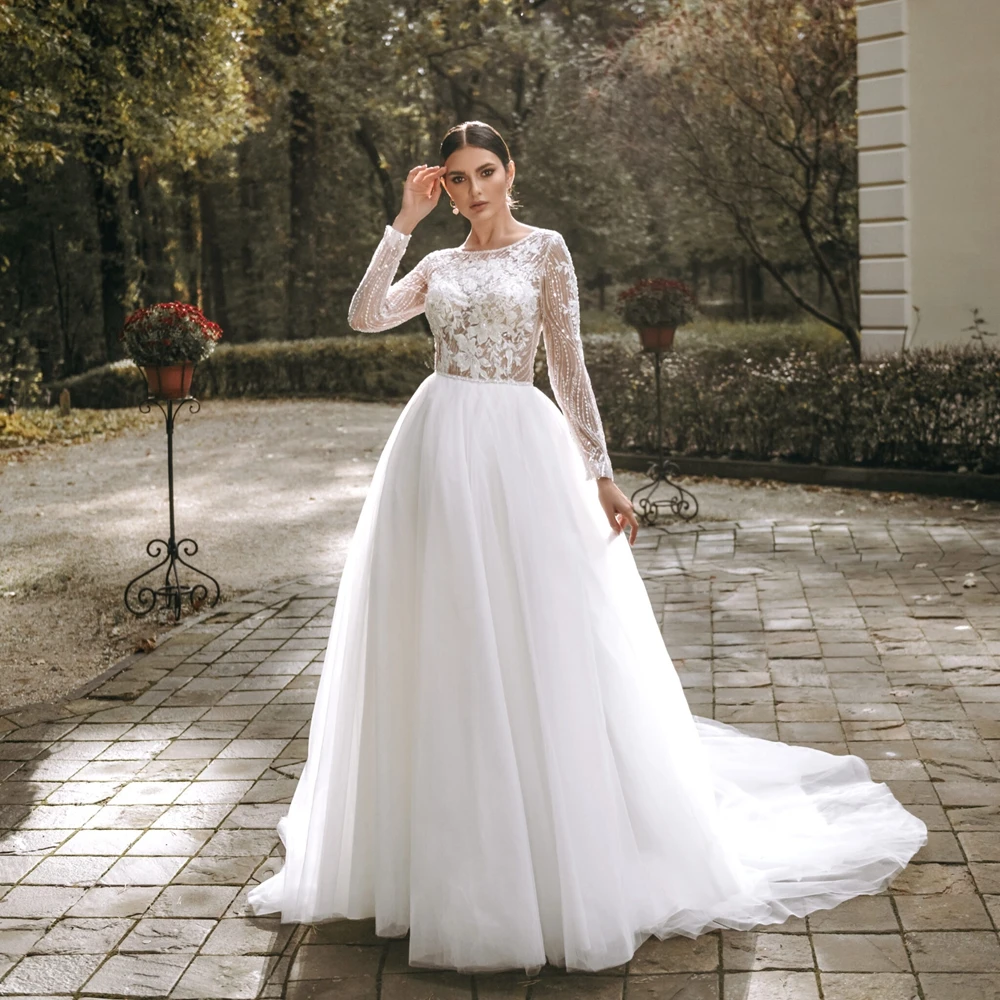 

Pmwrun Gorgeous White Wedding Dress O-Neck Full Sleeve Appliques Beading Illusion Bohemia A-Line Floor Length Bridal Gown