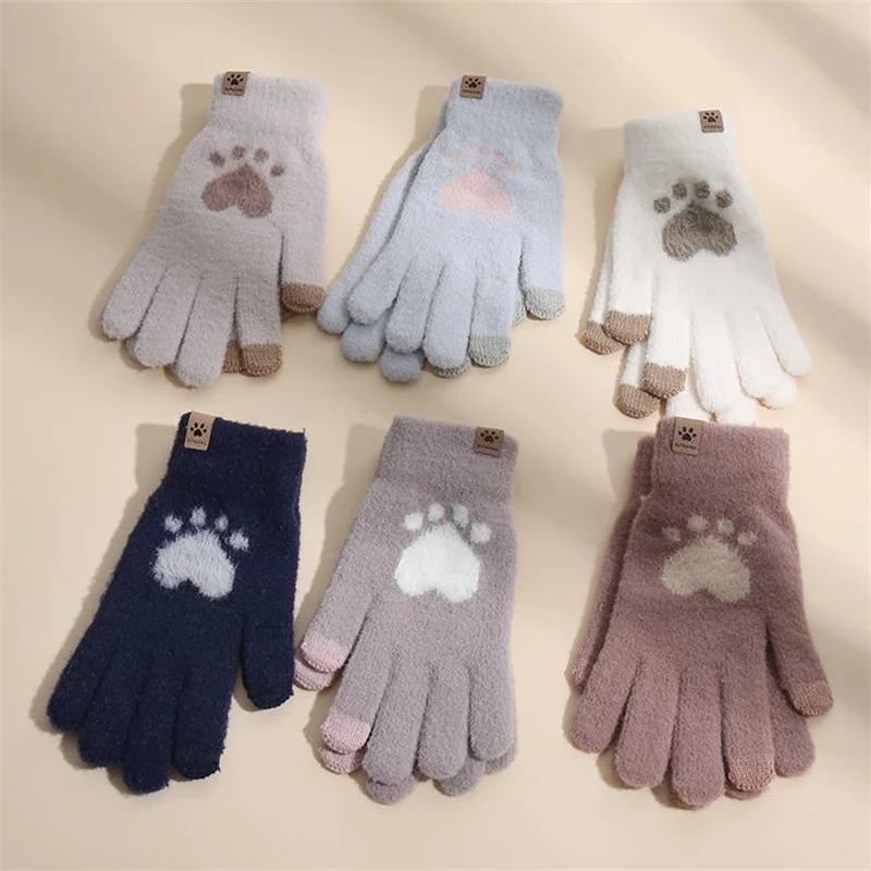 

Fashion Cat Paw Printing Gloves Mobile Phone Touchscreen Knitted Gloves Winter Warm Adult Soft Fluffy Gloves Men's Women