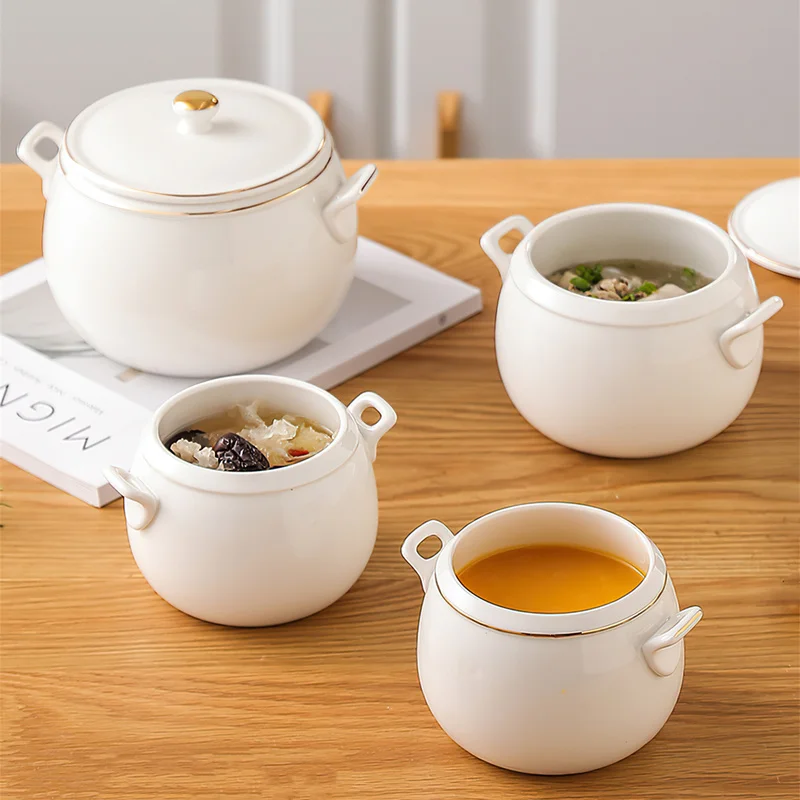 

Ceramic Stew Bowl Korean Creative Pure White Gold Edge Small Soup Pot Steamed Egg Bowl with Lid Kitchen Bird's Nest Dessert Cup