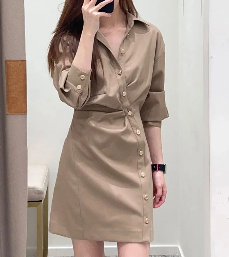 

2023 Early Autumn New Slanted Placket Shirt Dress Women