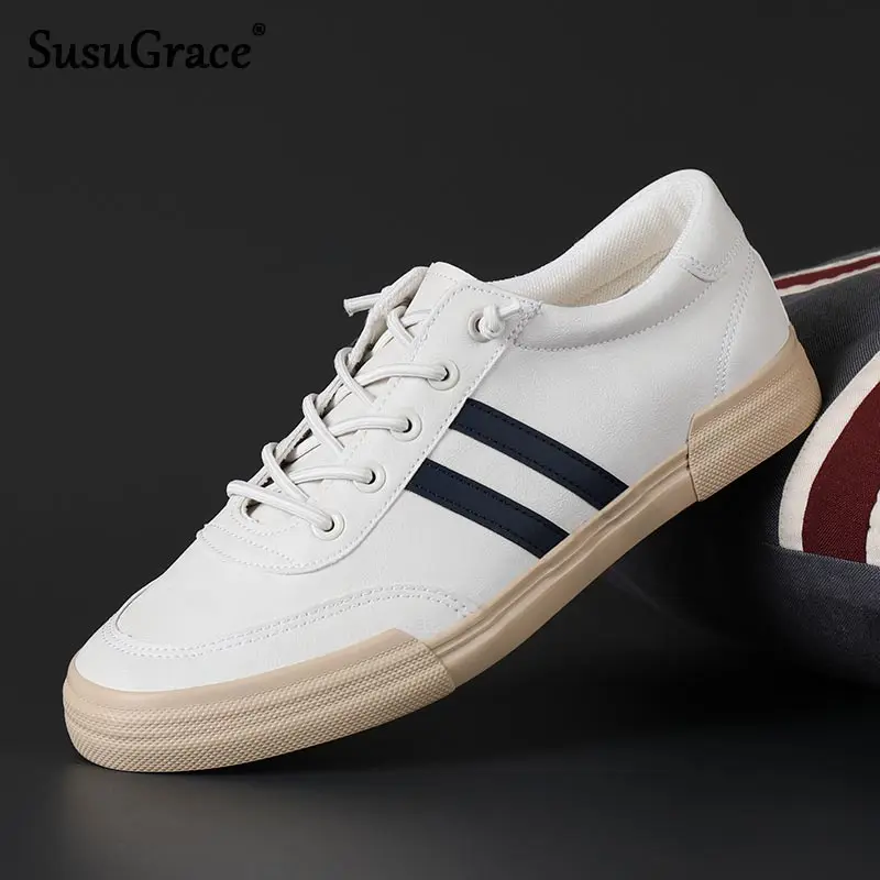 

Susugrace Tennis Men Luxury Sneakers PU Leather Fashion Vulcanized Male Footwear Outdoor Striped Walking Gym Shoes for Men 2022