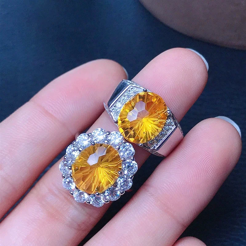 

Fashion Couple Ring for Party Total 10ct 10mm*12mm Lab Created Yellow Crystal Jewelry Solid 925 Silver Man Made Citrine Ring