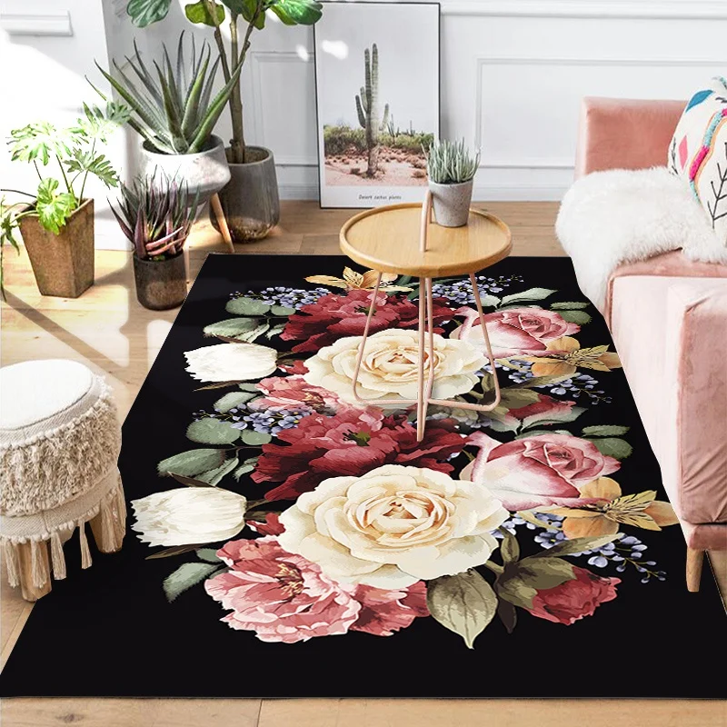 

LOUSIDREAM Flower Pattern Skull Carpet Living Room Home Decor Sofa Table Rug Anti Slip Chair Cushion Lounge Mat