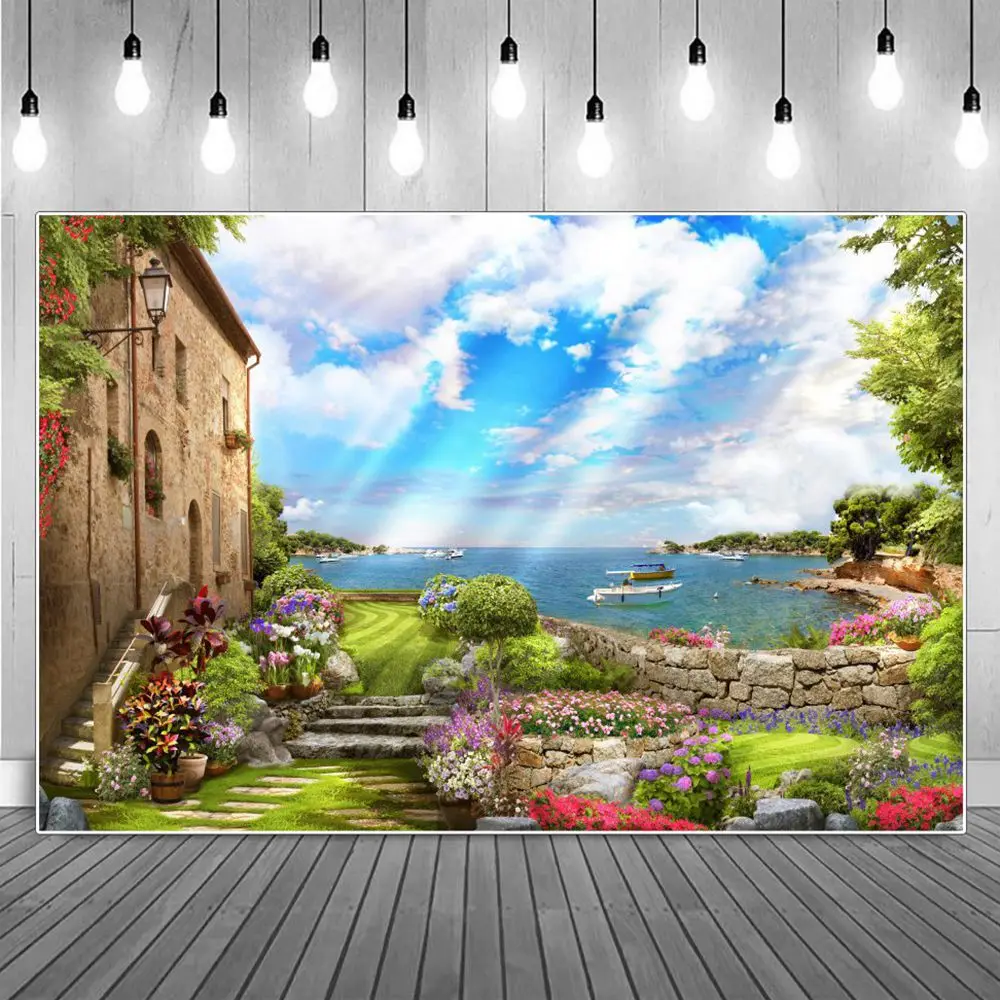 

Rural Lake Buildings Birthday Decoration Photography Backdrops Customization Flowers Grass Boats Town Photographic Backgrounds