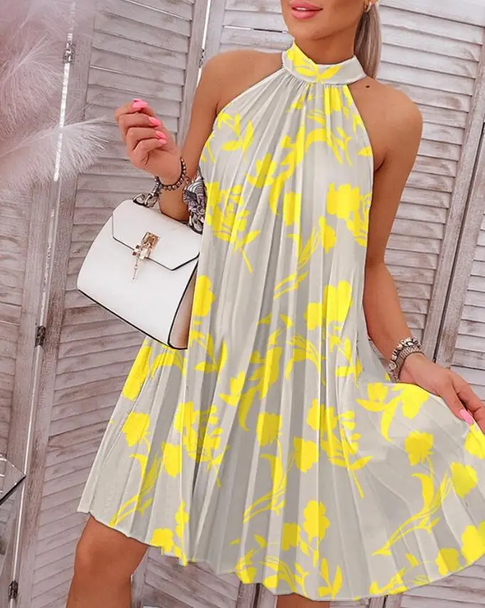 

Женское Плиссированное мини-платье без рукавов, повседневное пляжное платье с круглым вырезом и принтом растений, лето 2023