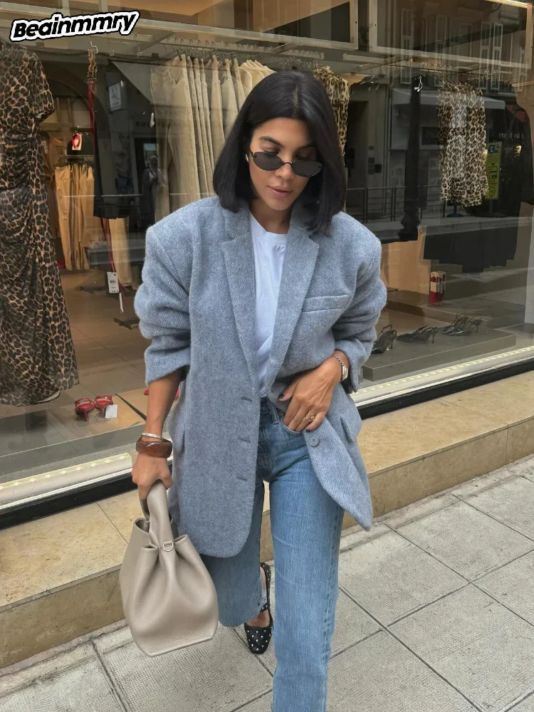 2024 новый модный серый шерстяной женский пиджак шикарный однобортный с клапанами