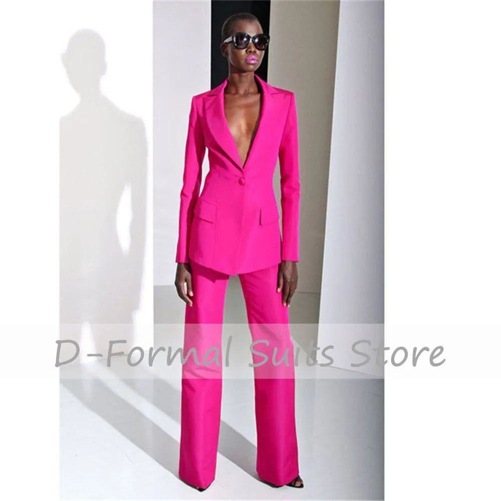 Ladies Fuchsia Straight Trousers Suit Womens Business Suits Work Formal Office Uniforms Casual Fashion Tuxedos Blazer Sets