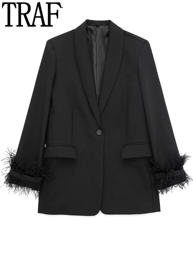 TRAF Black Feather Blazer Women Button Fashion Woman Blazer 2022 Casual Elegant Womens Jackets Long Sleeve Women's Winter Coats