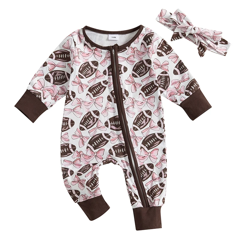 Baby Girl Autumn Romper Sets O Neck Long Sleeve Zip-Up Rugby Bow Print Fashion Bodysuit with Headband