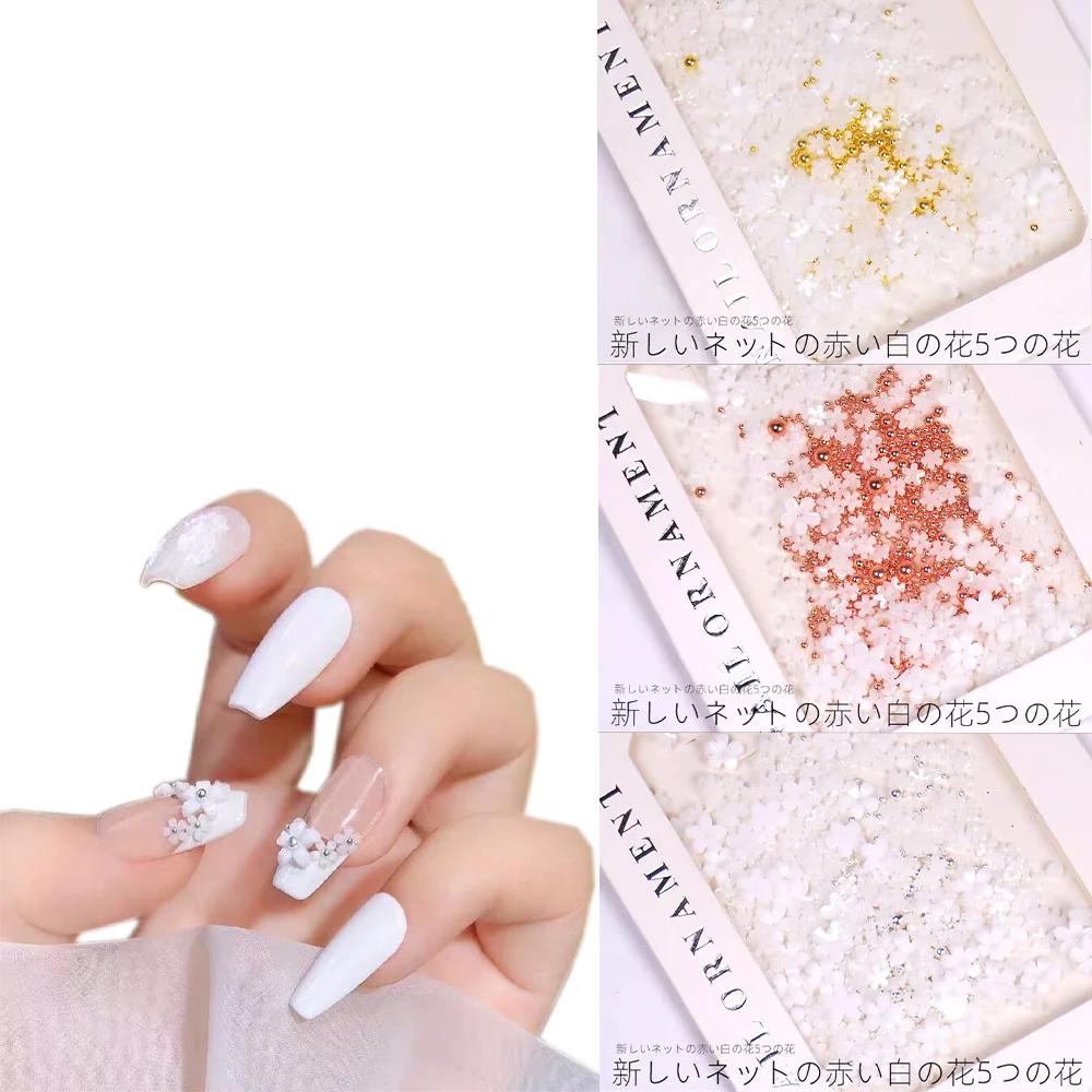 

1Bag Nail Art Beads+White Flowers Decorations 2MM Gold/Sliver/Rose God Metal Beads Accessories 6mm White Flower Nail Charms 20g