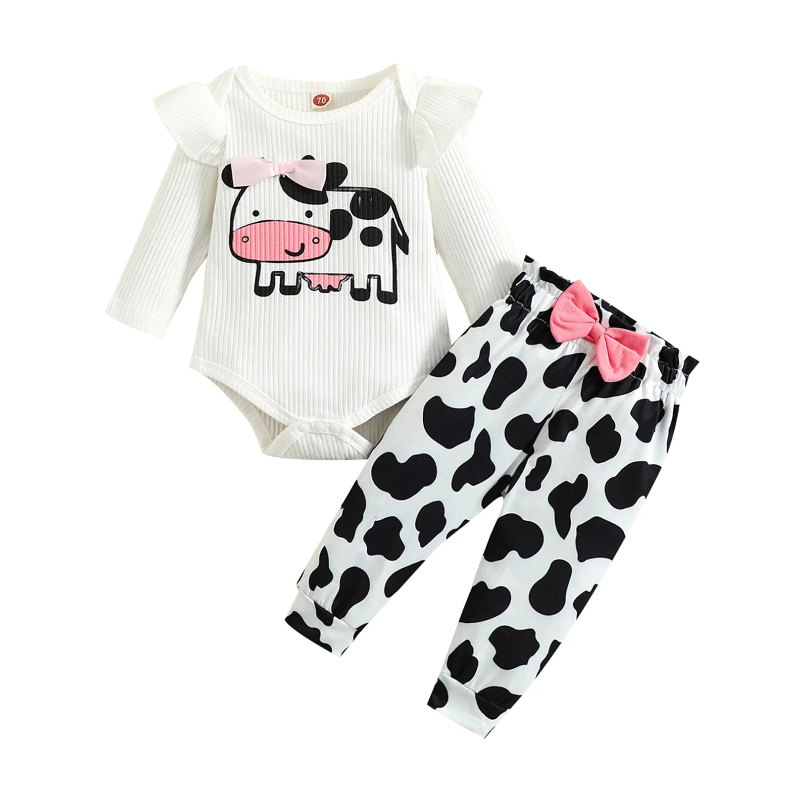 

2022-06-07 Lioraitiin 0-18M Baby Girl's Romper Set Ruffle Long Sleeve Cow Printed Ribbed Romper Bowknot Decorated Pants