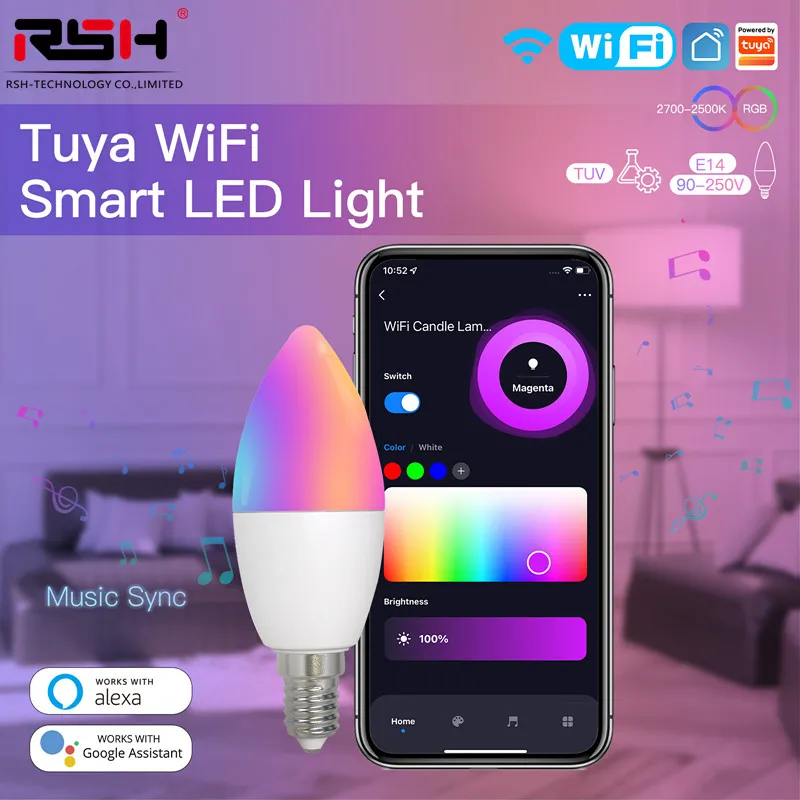 

RSH LED Bulb Colorful WiFi Dimmable RGB Music Mode Voice Control E14 Smart Light Work with Alexa Google Home Timer Function