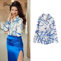 nautical style chains print blouse women fashion spring blue long sleeve office ladies casual shirts with pockets 2022 chic top