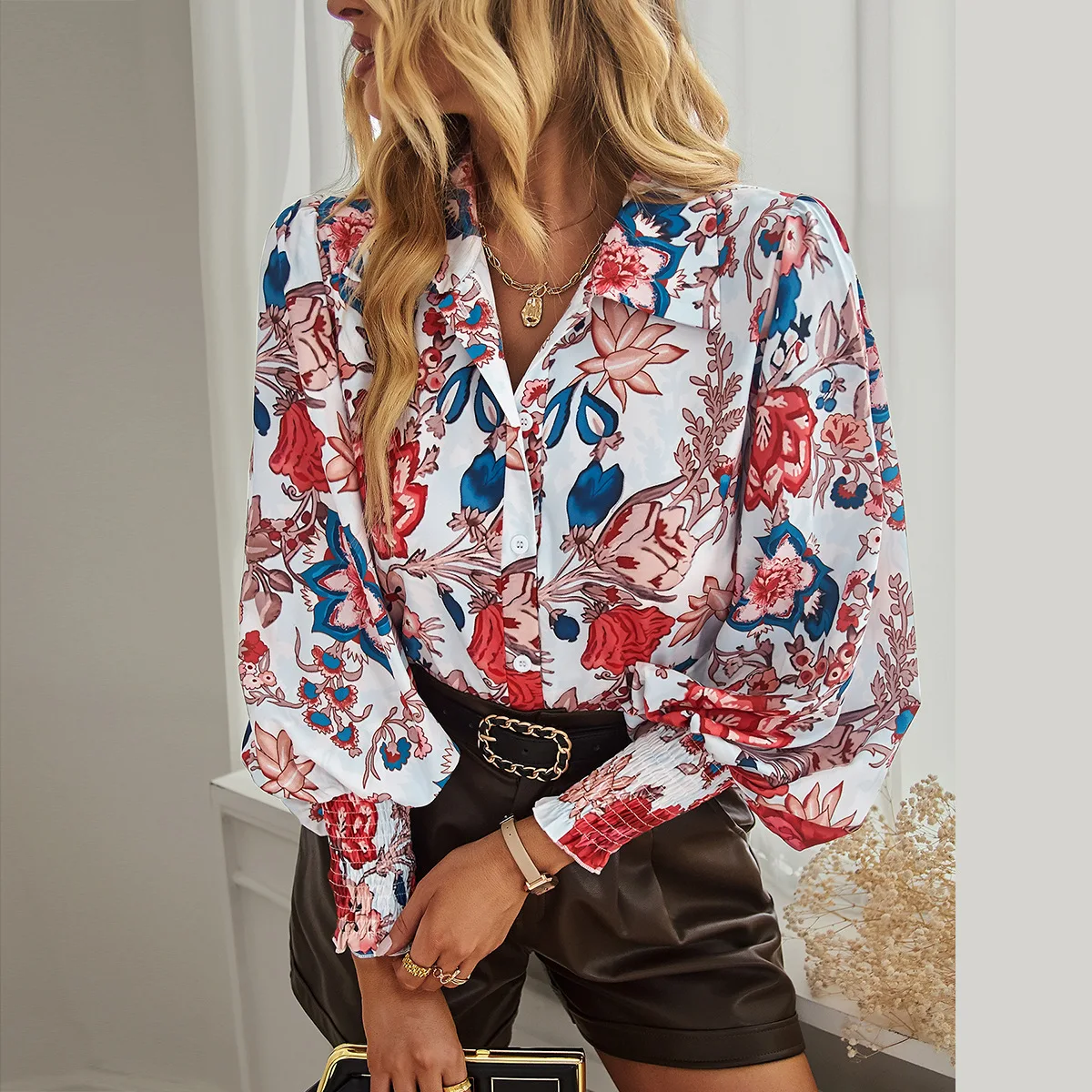 

Spring Summer Women Long Sleeved Shirt Cardigan Print Flower Temperament Casual Short Tees Tops Women Clothing