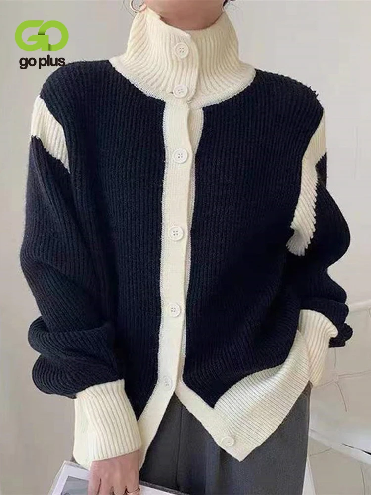 

GOPLUS Women Cardigan Vintage Patchwork Knit Sweater Korean Streetwear Turtleneck Tops Casaco De Frio Feminino Inverno C60351