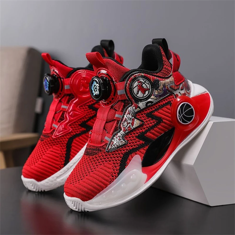 2023 New Boys' Basketball Shoes Kid's Mesh Breathable Sports Shoes Students Rotary Button Running Shoes Boys Basketball Sneakers