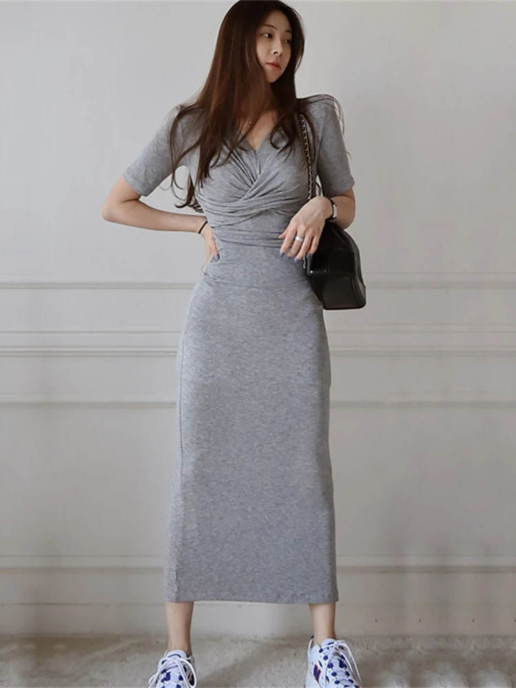 Женское длинное платье-макси с V-образным вырезом и коротким рукавом | Женская