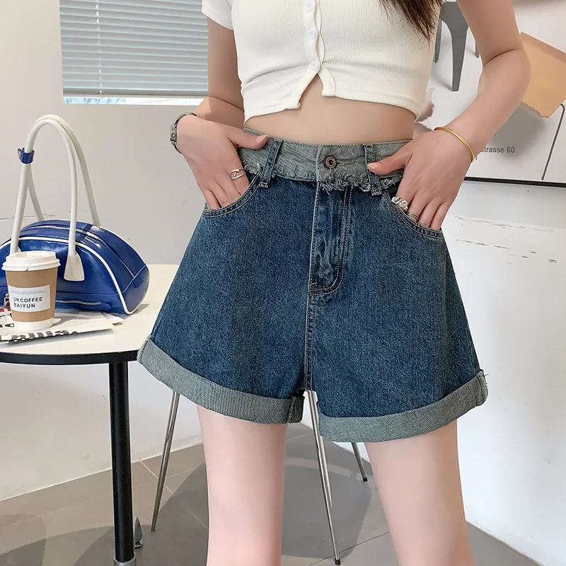 Retro Denim Shorts For Women Summer 2023 Fashionable Splicing Curled Edges With Pocket Hot Pants Ladies Casual Wide Leg Pants