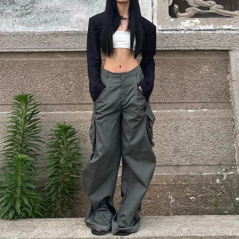 

American Retro Gray Green Low Rise Pocket Cargo Pants New High Street Straight Leg Mopping Pants Y2k Casual Wide Leg Pants