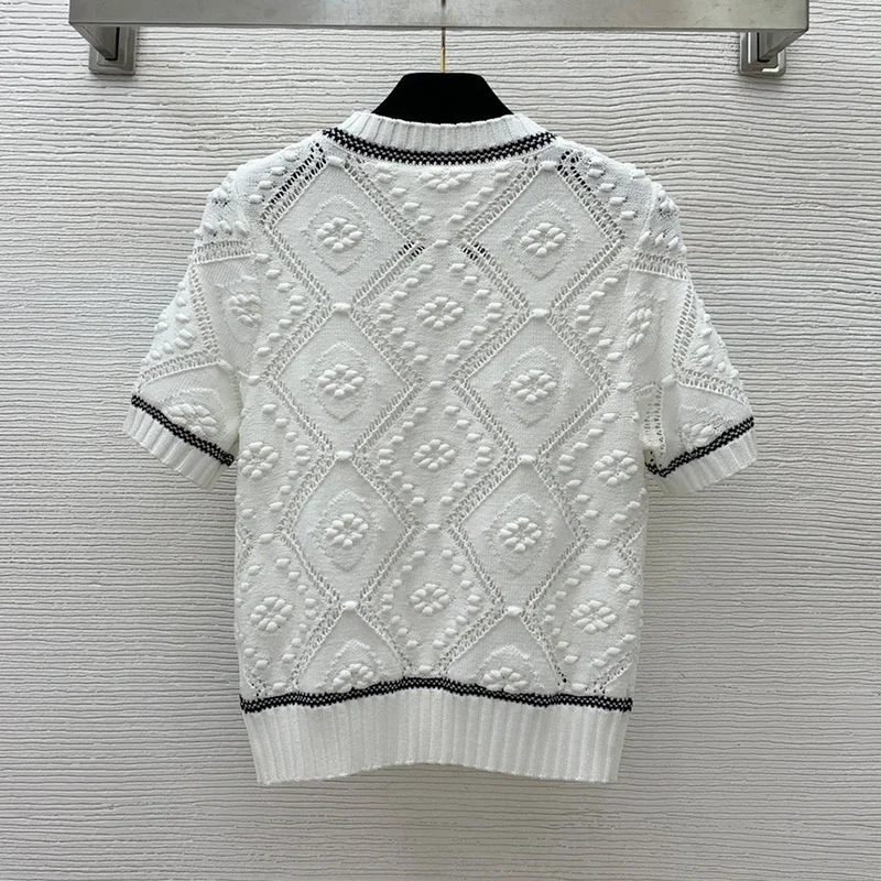 

2023 Spring Short Sleeve Solid Sweater Jumpers Sexy Hollow Out Knitted Casual O-neck Pullover Runway Women Clothes Streetwear