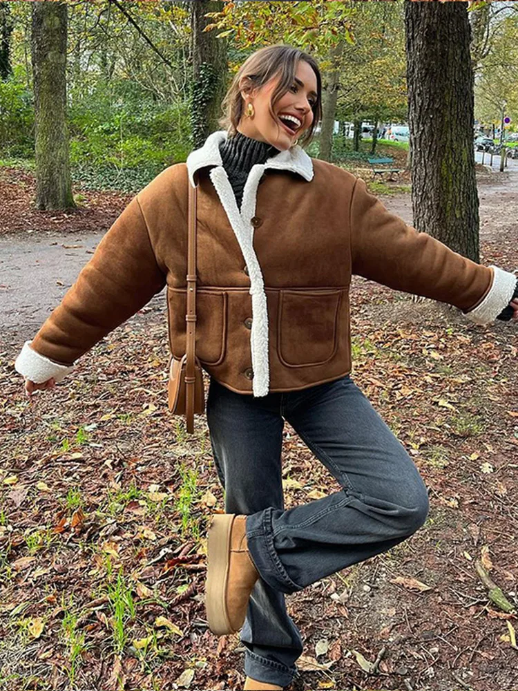 Осенне-зимняя модная куртка из искусственного меха ягненка женское коричневое