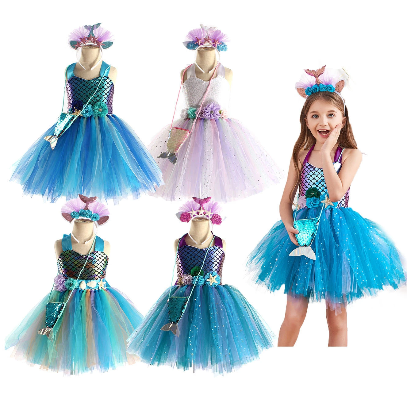 

Kids Children Mermaid Birthday Party Charm Dress Costume Princess Dresses Free Shipping Items Clothes for Girls Cosplay Outfit