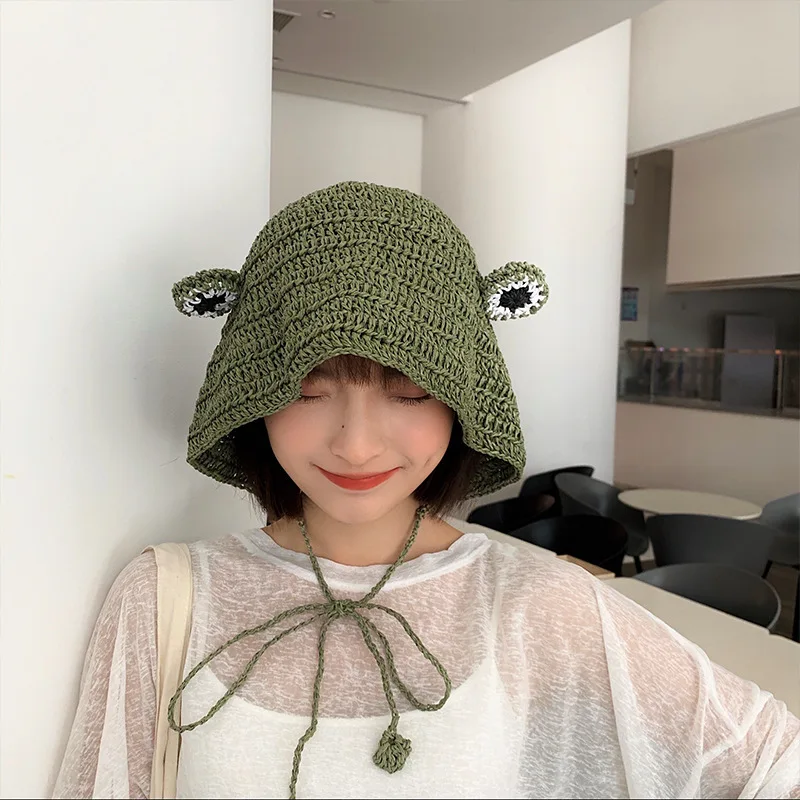 

Japan Kawaii Monster Fisherman Hat Frogs Foldable Female Straw Weaving Bucket Hat Summer Sun Protection Fashion Women Beach Cap