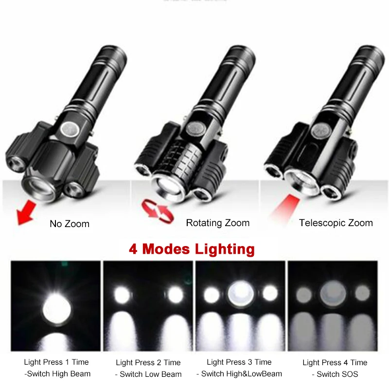 

T6 bike Headlight Three Lamp Heads Bicycle Taillight 4 modes Aluminum Alloy Cycling Waterproof Flashlight bicycle Accessories