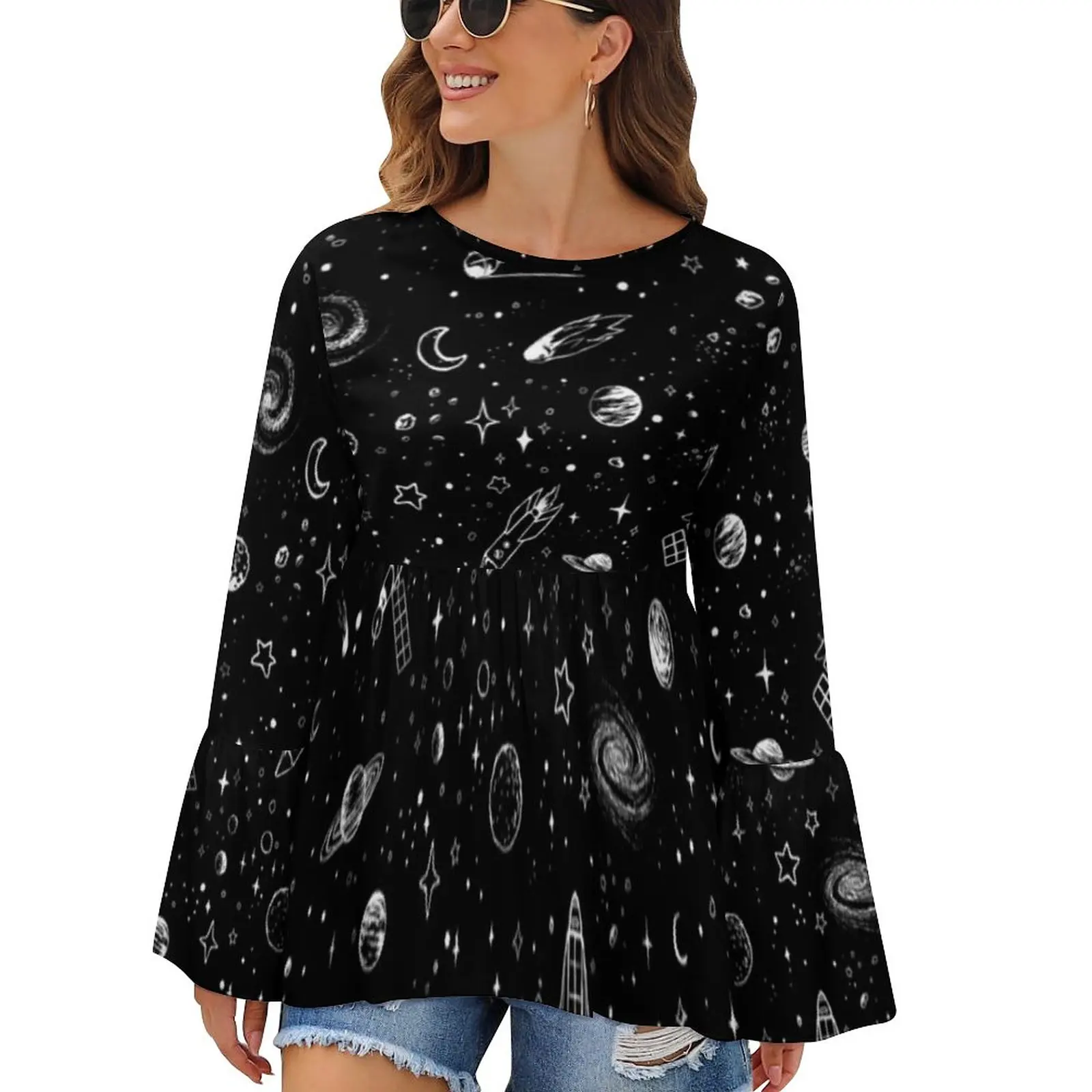 

Moon блузка со звездами Space пуловер, милая туника, топ для девушек, кукольная рубашка большого размера