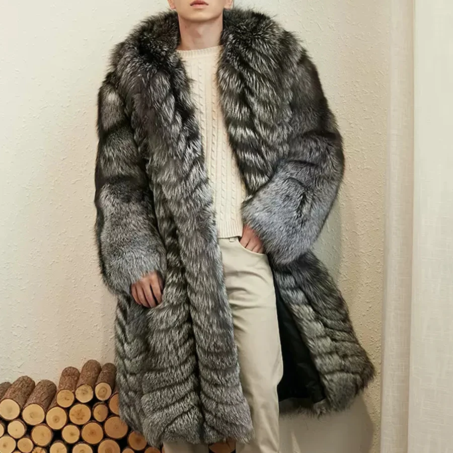 

Long Style Sliver Fox Fur Coat Man Hooded Natural Fur Jacket Fashion Warm Overcoat 2022 Latest Design New Arrival