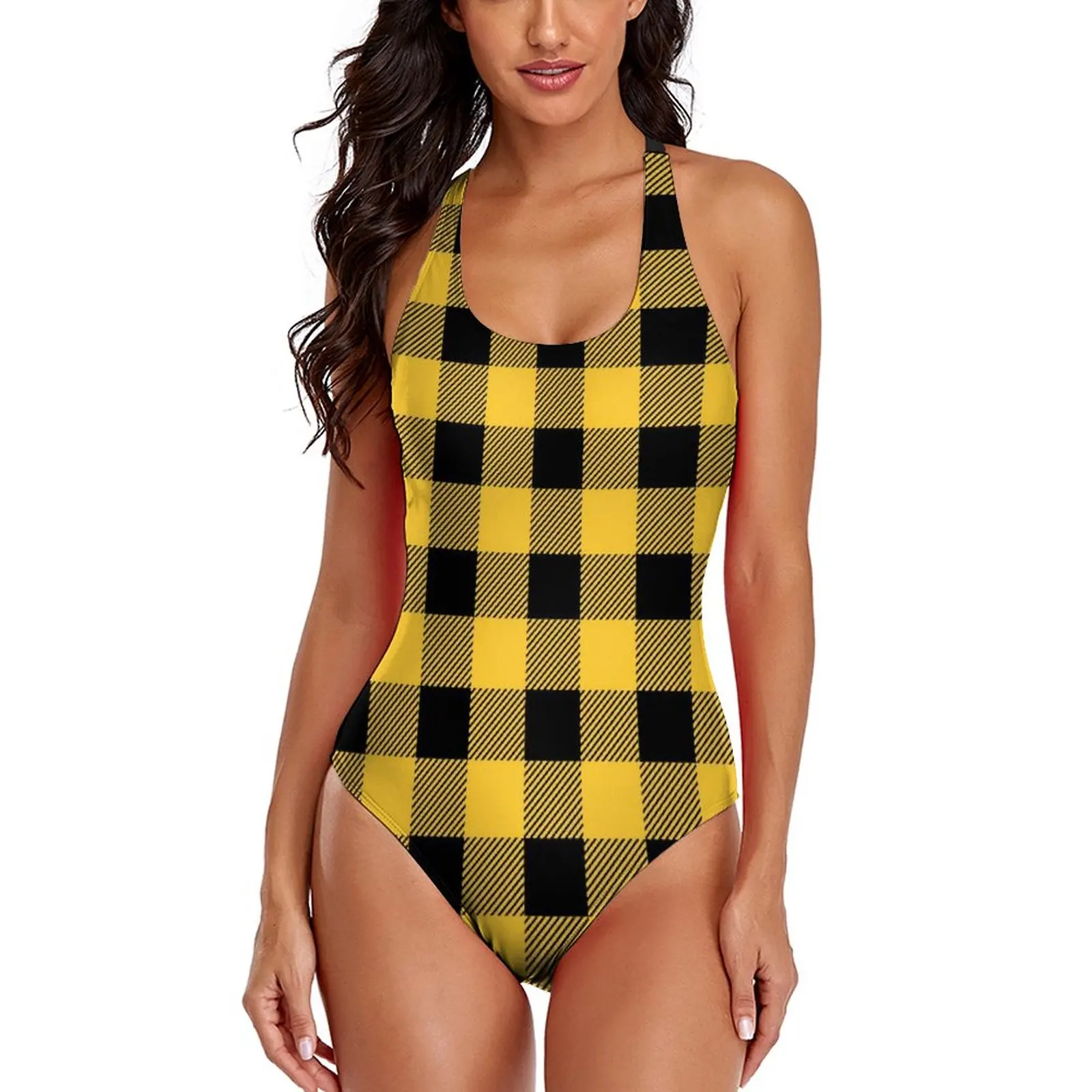

Black Plaid Print Swimsuit Yellow Check One Piece Swimwear Push Up Pool Monokini Sexy Cross Back Swimsuits Graphic Beachwear