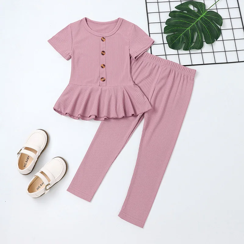 

2 Piece Suit T-shirt+Pants Children's Clothing From 2 To 7 Years Summer Solid Color Single Breasted Skirt Suit Baby Girl Clothes