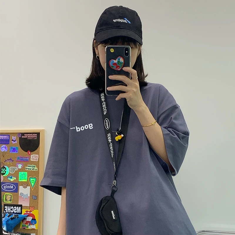 

2023 Summer New Korean Style Loose Harajuku Bf Letter Cotton Short Sleeve T T-shirt Women's Half Sleeve Ins Trendy Top