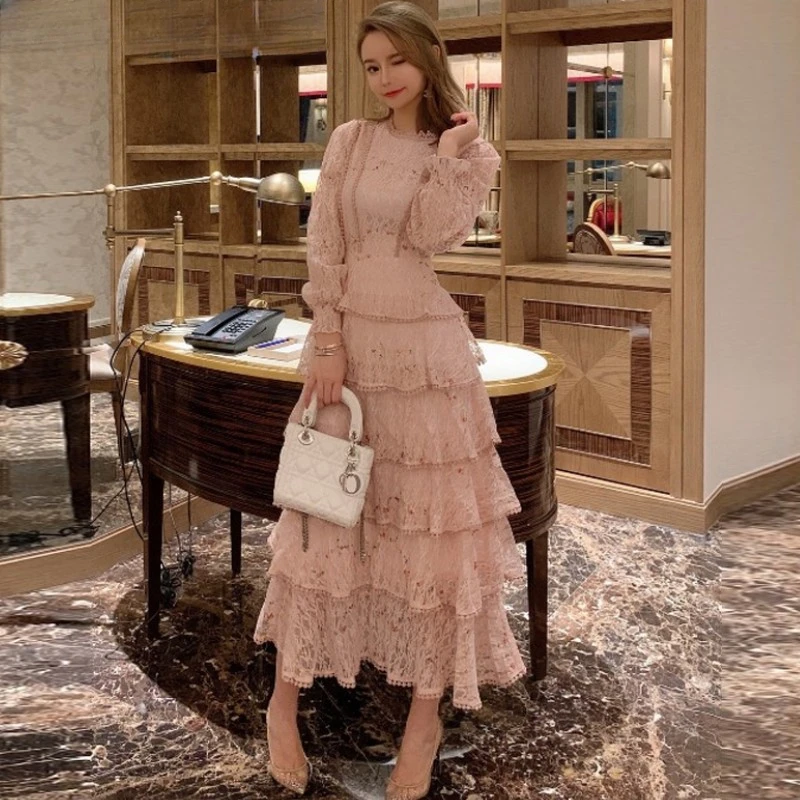 Женское Многослойное платье миди с кружевом элегантное винтажное длинное