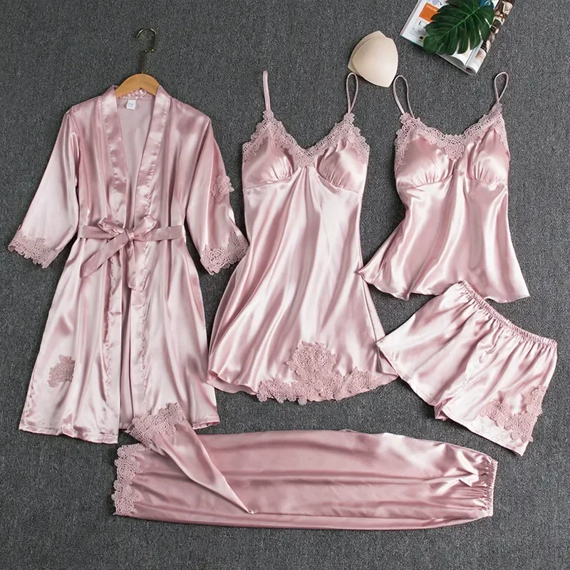 

Lace New Women's Sleep Patchwork Pajama Chest Pads Style Sexy Suit With Satin Nightdress Women Summer Nightwear Robe Thin
