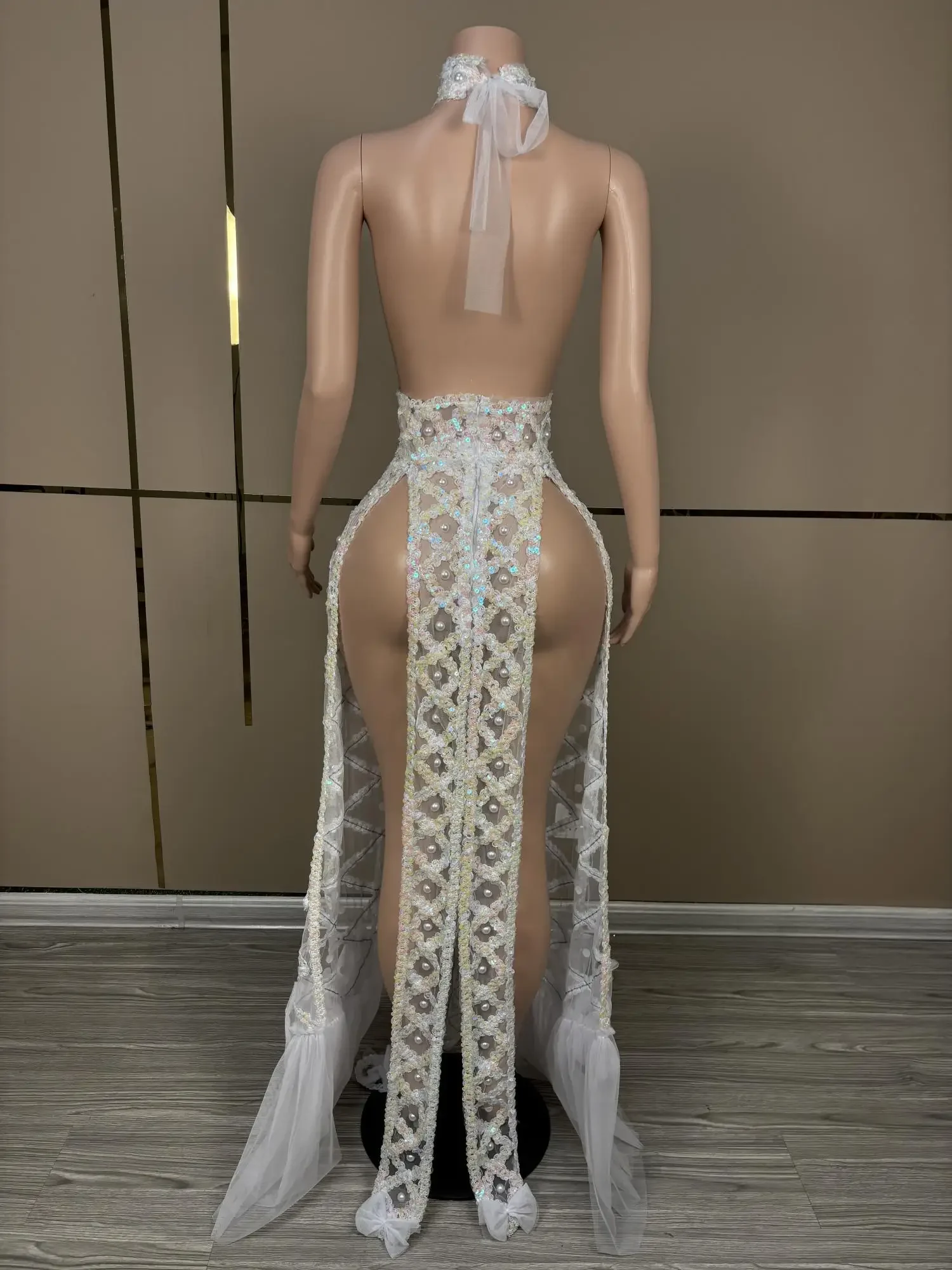 2024 Сетчатое жемчужное платье с открытой спиной для женщин высоким разрезом Pron Gown