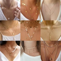 vintage fashion boho gold color chain disc faux pearl cross shell earth pendant necklace for women multilevel choker jewelry