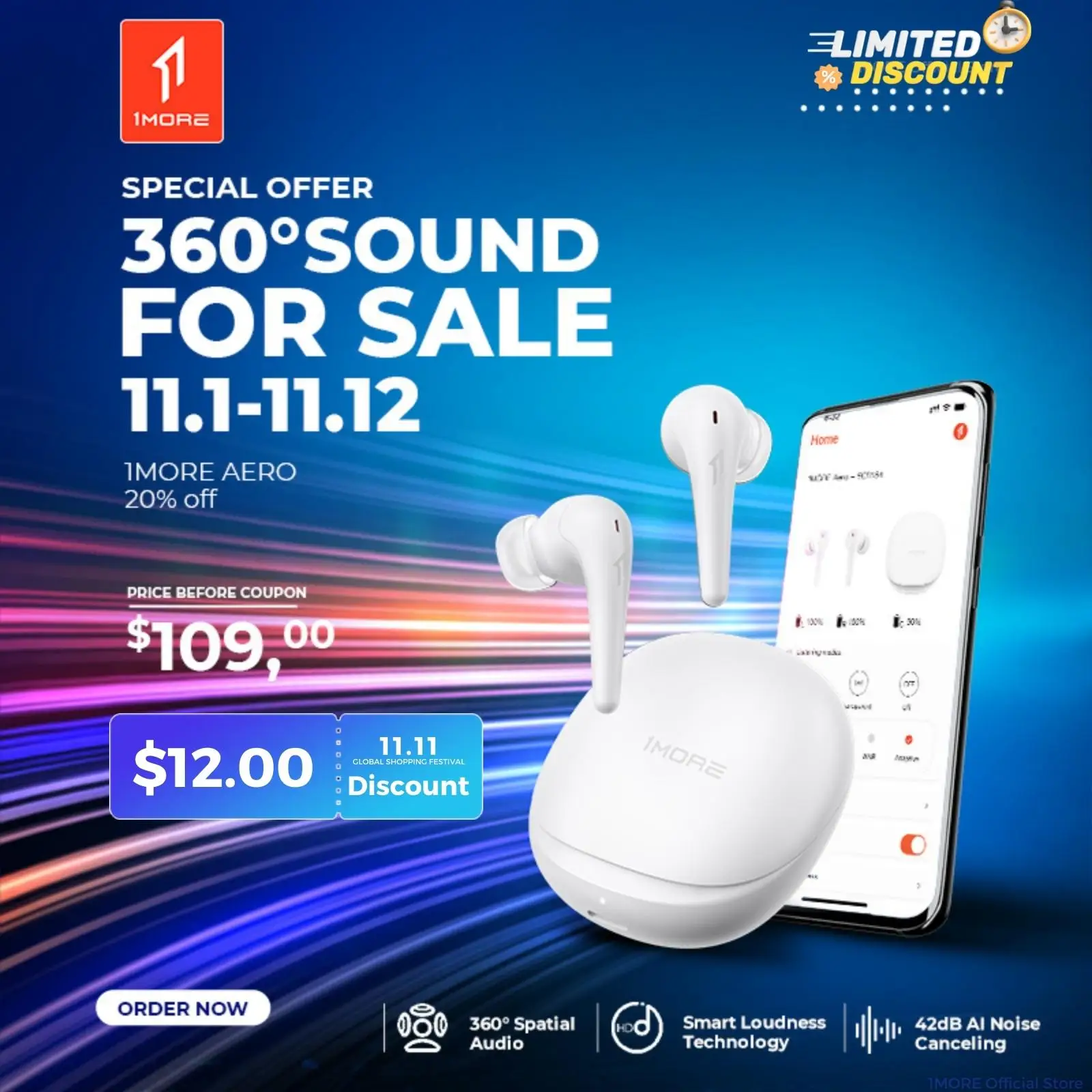 1MORE AERO Wireless Bluetooth 5.2 Наушники Пространственный звук 360° 42 дБ Гибридный ANC Наушники с шумоподавлением Smart Loudness DLC Динамический драйвер 12 EQ 6 Микрофон TWS, беспроводная быстрая зарядка