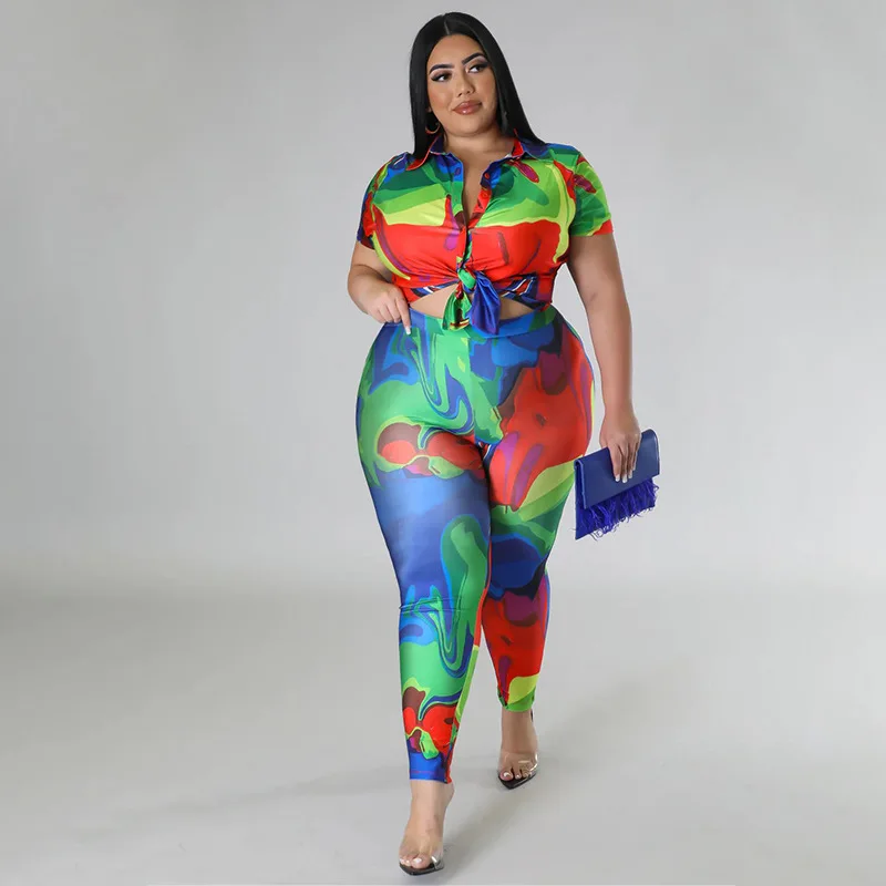 Plus Size Matching Sets Tie Dye Print Tops Shirts And Pants Female Luxury Fashion Blouse Cloth 2023 Summer Women Two Piece Sets