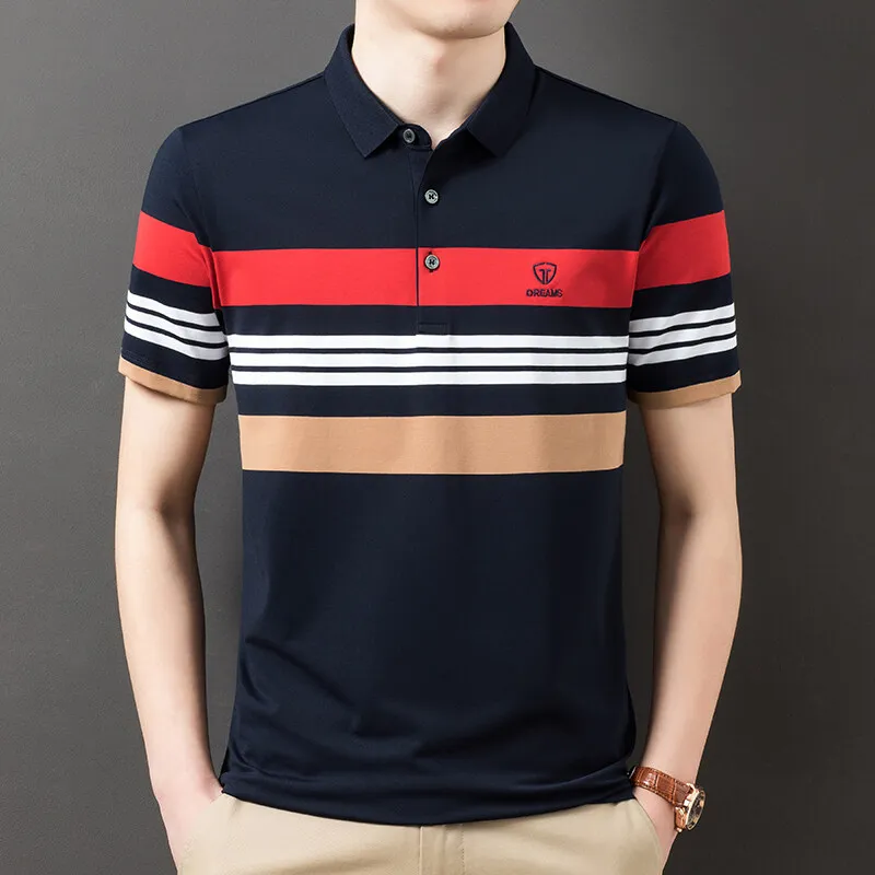 

Top 2022 Summer Short Sleeve T-shirt Men's Striped Polo Breathable Cotton Lapel Loose Casual Short Sleeve Clothing