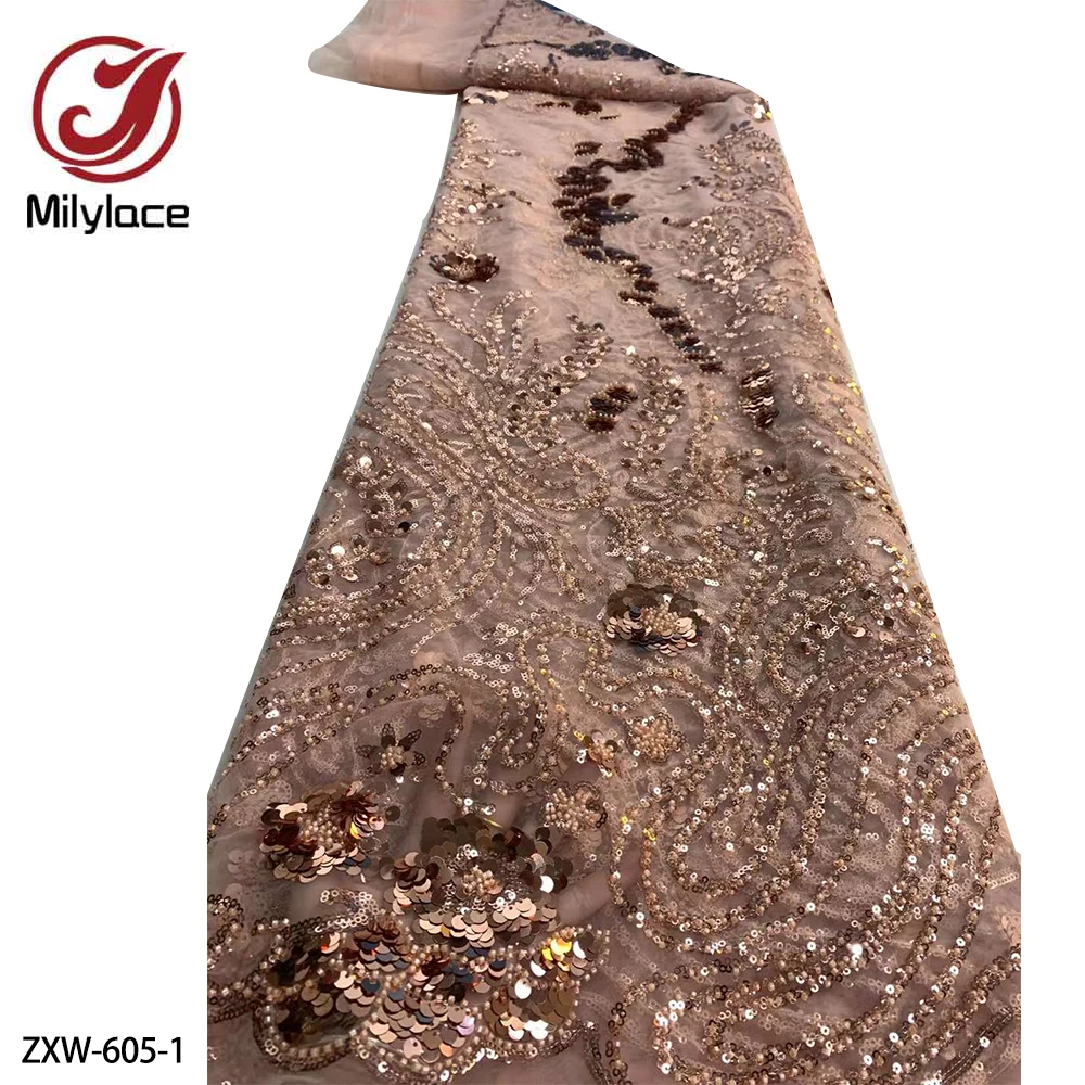 

Beautiful Pattern Handmade Beads & Sequins Flowers African French Tulle Net Lace Fabric for Evening & Party Dress ZXW-605