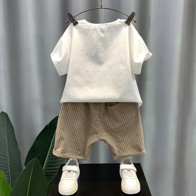 Boy's Cool Handsome Summer Wear Suit 2022 New Baby Fried Street Striped Clothes Children's Handsome Children's Clothing