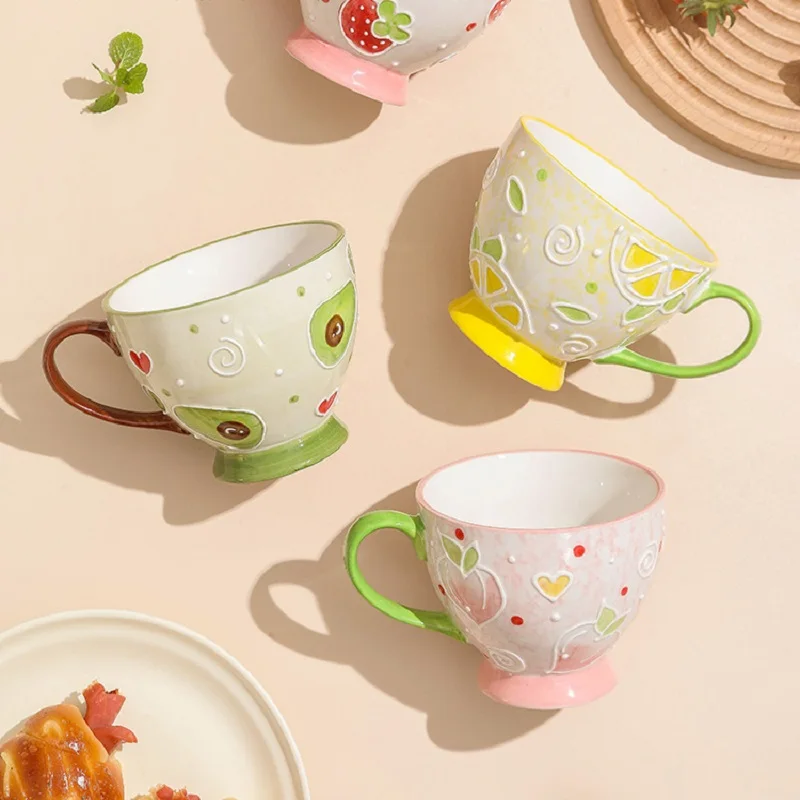 

Рельефная кружка для завтрака с ручной росписью, керамическая кружка большой емкости для молока и овса, керамическая кружка для микроволно...