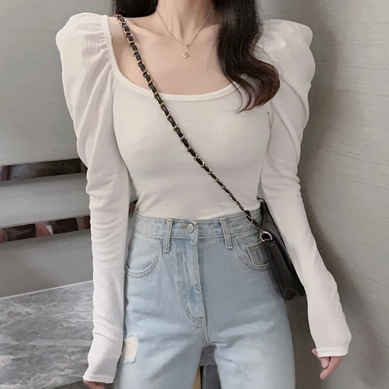 

T Shirt Women 2021 Autumn New U Neck Solid Casual Short Tops Femme Long Puff Sleeve Slim Thin Temperament Tee T-Shirts Female