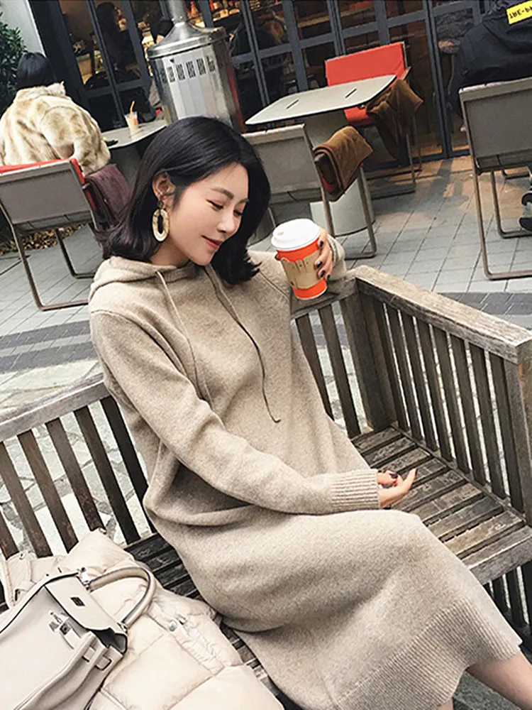

New Arrival Fashion Knitted Dress Women Long Sleeve Elegant Office Ladies Casual Loose Long Dress with Hooded Sweater Dresses