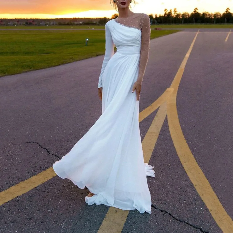 

2022 Spring Station Sexy Round Neck Big Swing Long Sleeve Dress
