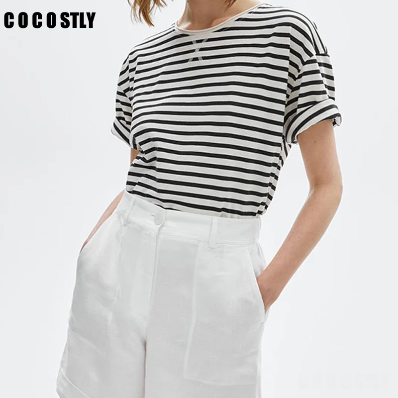 

New Women Cotton Tops 2022 Summer Fashion Cotton Striped Tshirt Ladies casual Short Sleeve O-Neck Pullovers Tee Tops Female