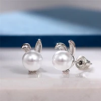 cute fashion ladies rabbit earrings with round faux pearls design funny pierced stud earrings for girls