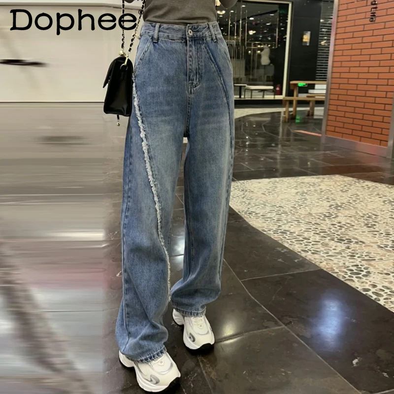 

Женские потертые джинсы с завышенной талией, модные облегающие свободные джинсовые брюки с широкими штанинами, весна 2022