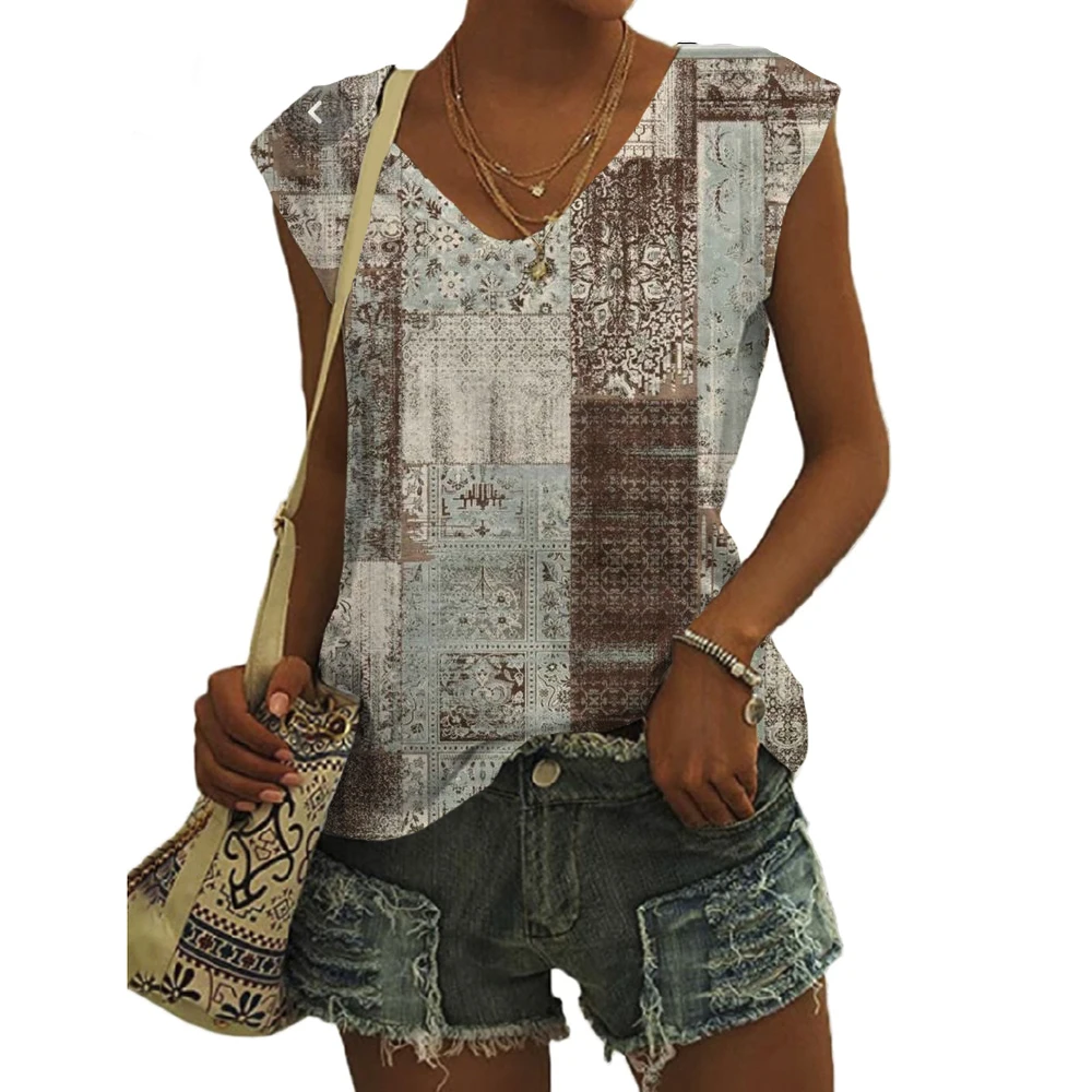 

Ethnic Style 3D Geometry Print Tank Tops Women Y2k Streetwear Vest Oversized V-neck Off Shoulder Sleeveless Camisole